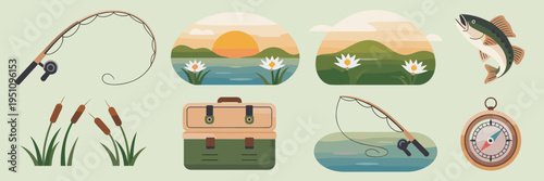 Serene spring fishing adventure illustrations – Suitable for sporting goods branding, wilderness travel, or morning activity content.