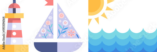Spring sailboat and lighthouse icon set – Ideal for marine tourism branding, sailing club promotions, or coastal travel blogs.