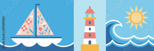 Modern spring sailing weekend icons – Great for nautical event flyers, seaside vacation marketing, or maritime industry graphics.