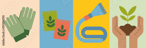 Green thumb spring gardening and volunteer icons – Perfect for plant nursery marketing, garden club flyers, or nature conservation.