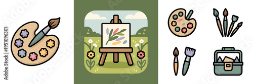 Outdoor painting and art workshop icon set – Ideal for art studio branding, creative workshop ads, or hobbyist blogs.