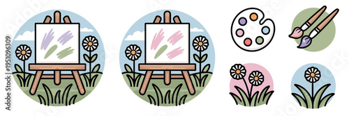 Creative painting in the meadow icon set – Great for art class promotion, artist retreat marketing, or creative leisure content.