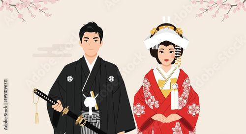 Japanese couple in traditional wedding attire with cherry blossoms