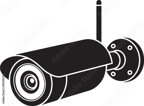 A black dome surveillance camera mounted on a sturdy wall bracket with an antenna.