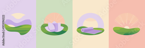 Minimalist yoga in nature icon collection – Suitable for outdoor fitness ads, wellness social media, or yoga class flyers.