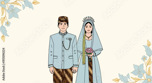 Couple in traditional wedding attire with floral accents