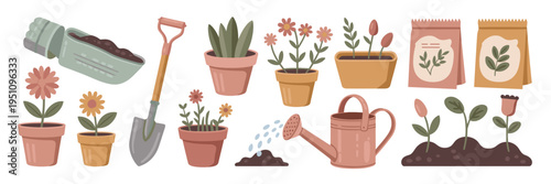 Essential gardening tools and flower pot vector – Perfect for nursery branding, landscape design ads, or home garden blogs.
