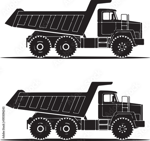 Two views of a heavy-duty dump truck transporting materials in an industrial setting