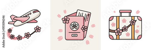 Cherry blossom travel and vacation icon set – Ideal for spring tourism agency marketing, travel blogs, or vacation deals.