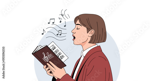A person sings while reading from a music book, with notes floating above