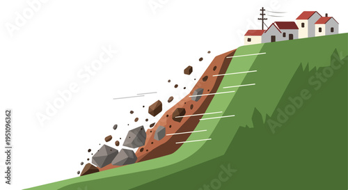 Houses on a hillside are threatened by a rockslide and debris