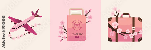 Romantic spring travel and suitcase icon collection – Suitable for wanderlust blogs, travel agent flyers, or honeymoon promotions.