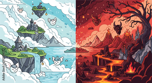 Contrasting realms of floating islands with castles and hellish volcanic landscapes