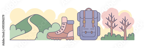 Pastel hiking gear and mountain trail vector – Great for sports equipment ads, national park guides, or fitness apps.