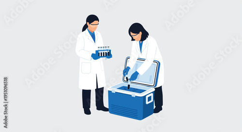Scientists in lab coats handle test tubes and a cooler