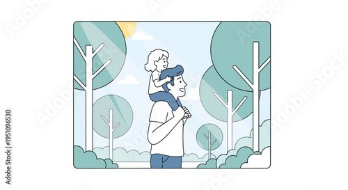 Happy Father Carrying Daughter on Shoulders in Sunny Park, Minimalist Line Art Illustration of Family Bonding Outdoors