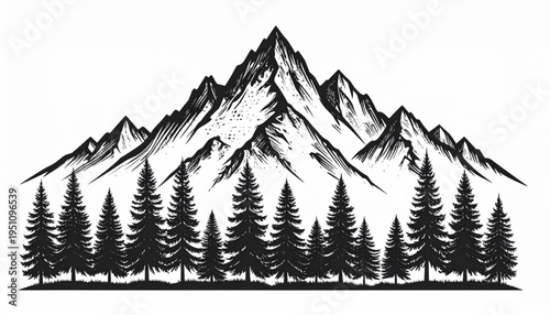 Mountain Range Silhouette Wall Art – Black and White Forest Landscape Vector