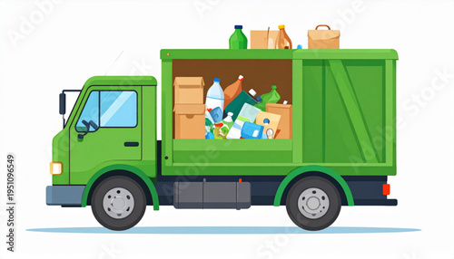 Green Recycling Garbage Truck – Waste Management Flat Vector Illustration