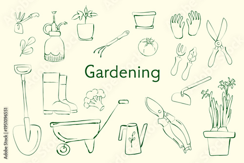 Hand-drawn gardening set with tools, plants and equipment in simple line style. Minimal green doodle collection for gardening, farming and eco lifestyle design, isolated on light background.