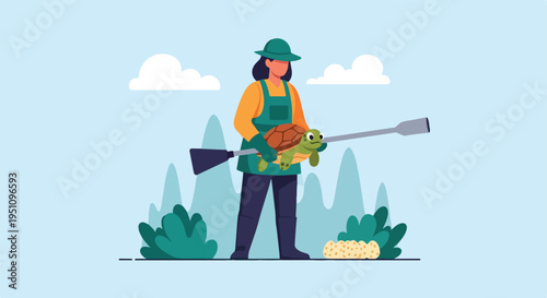 Person in hat and overalls holding a turtle with a scoop