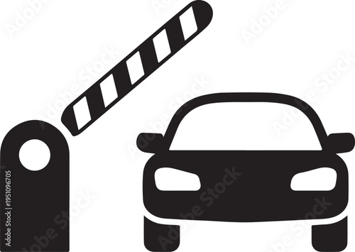 A car stopped at a lowered crossing barrier for a railway track