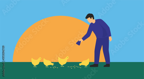 Person scattering feed for yellow chickens against a backdrop of a large orange sun and blue sky
