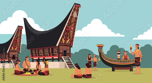 People gathered near traditional houses and a ceremonial boat under a cloudy sky