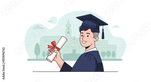 Happy Male Graduate Holding Diploma in Front of University Building, College Commencement Ceremony Illustration