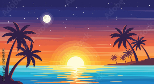 Vector tropical island sunset with palm trees and ocean