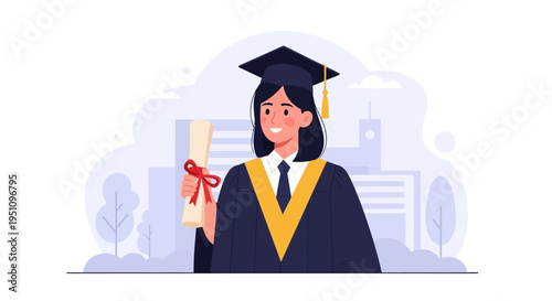 Happy Female Graduate in Academic Gown Holding Diploma, University Commencement Ceremony Illustration
