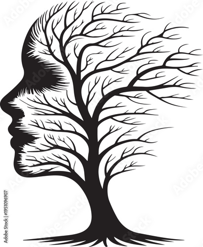 The fusion of human mind and nature’s wisdom symbolized by a tree within a profile