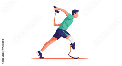 Amputee athlete with prosthetic leg sprints, holding a baton