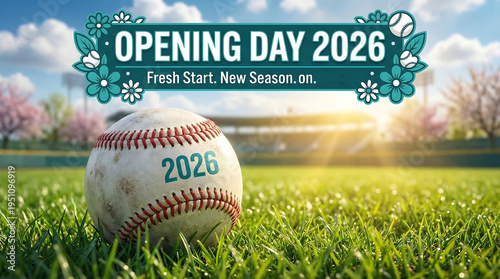 Baseball on grass field with opening day 2026 sign in background sunny day