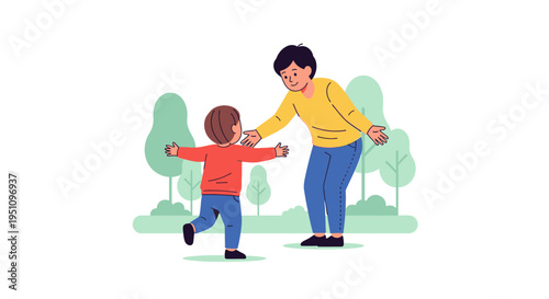 Happy Mother Reaching Out to Hug Her Toddler in a Park, Flat Vector Illustration of Family Love, Affection, and Parental Bond