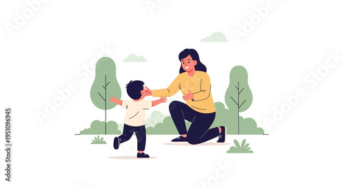 Happy Mother Kneeling to Welcome Her Son for a Warm Hug in a Public Park, Vector Illustration of Family Love and Childhood Happiness