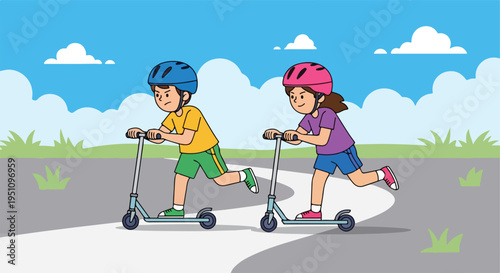 Two children in helmets ride scooters on a cloudy day