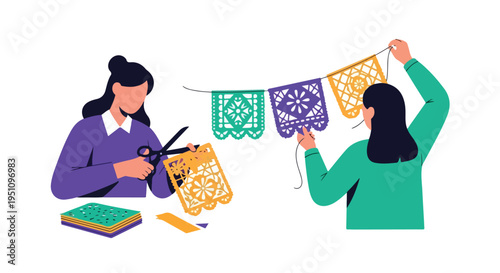 Two women crafting decorative papel picado banners on a white background