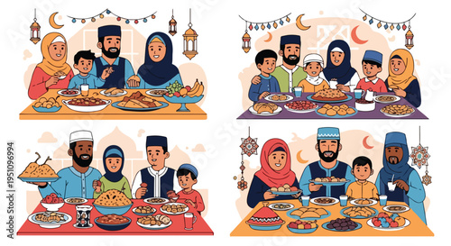 Four diverse families happily share festive meals with abundant food