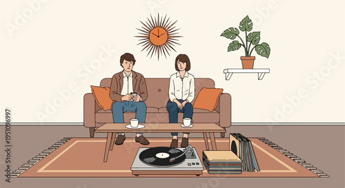 Couple relaxing on a couch with a vinyl record player and plant decor