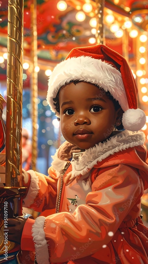 Fototapeta premium A child in a Santa hat rides a merry-go-round