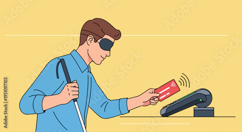 Visually impaired person uses cane and contactless payment, showcasing accessibility