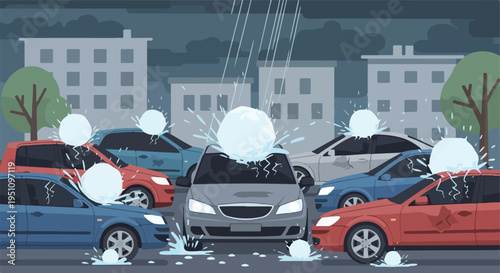 Cars being hit by large hailstones during a storm in the city