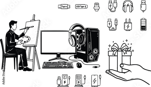 Painter sitting at easel silhouette with brush and palette vector icon