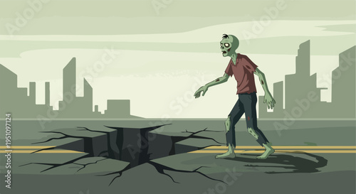 A zombie walks across a cracked road towards a broken city skyline