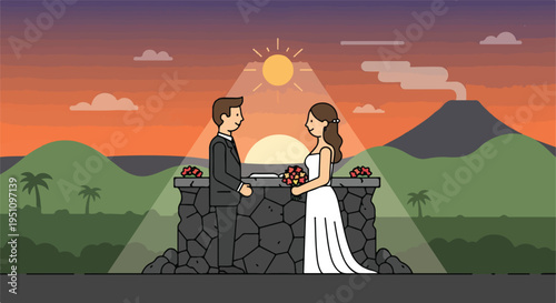 Couple marries at sunset with volcano backdrop