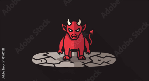 Red devil creature with horns and a tail standing on cracked ground