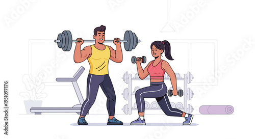 Fit couple exercising together in a bright, modern gym with weights