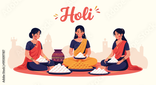 Three women in traditional attire prepare sweets for the Holi festival