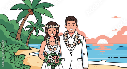 Couple in traditional Hawaiian wedding attire on a tropical beach at sunset