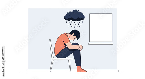 Depressed Man Sitting on Chair with Dark Rain Cloud Over Head, Mental Health and Sadness Concept Illustration